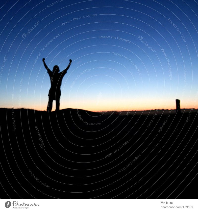 Joy Applause Gesture Arm posture Stand Man Silhouette Dusk Hill Dike Night sky Far-off places Shadow Sunset Stripe Strip of light Contentment jubilate Success