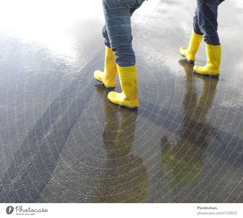 Two = four* Rubber boots Yellow Asphalt Tar Reflection 2 4 Pants Boots Man Construction site Construction worker Hiking Walk along the tideland Wet Cold Winter