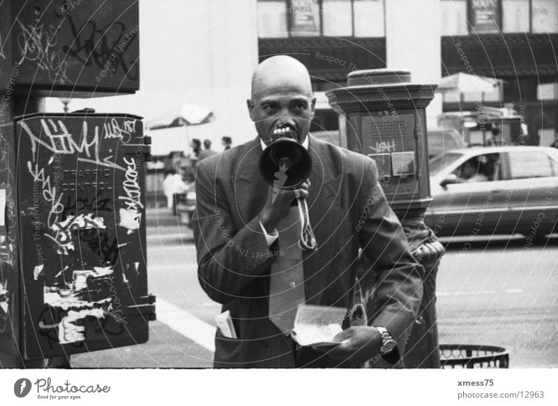 bawler Megaphone Bald or shaved head New York Sect New York City Shows Black & white photo Communicate Anger Aggravation prayer