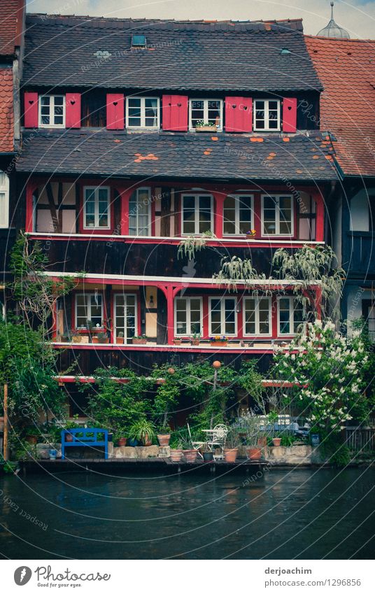River idyll in Bamberg from its most beautiful side.  . Old half-timbered house . multi-storey - by the river. With greenery and flowers and bench. Design