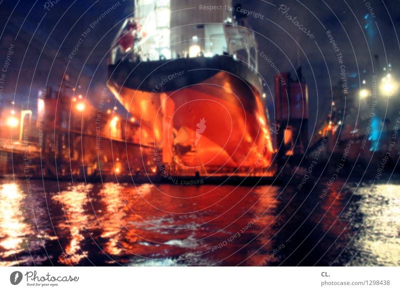 spaceship Economy Industry Water Waves Navigation Container ship Harbour Dark Large Colour photo Deserted Evening Night Artificial light