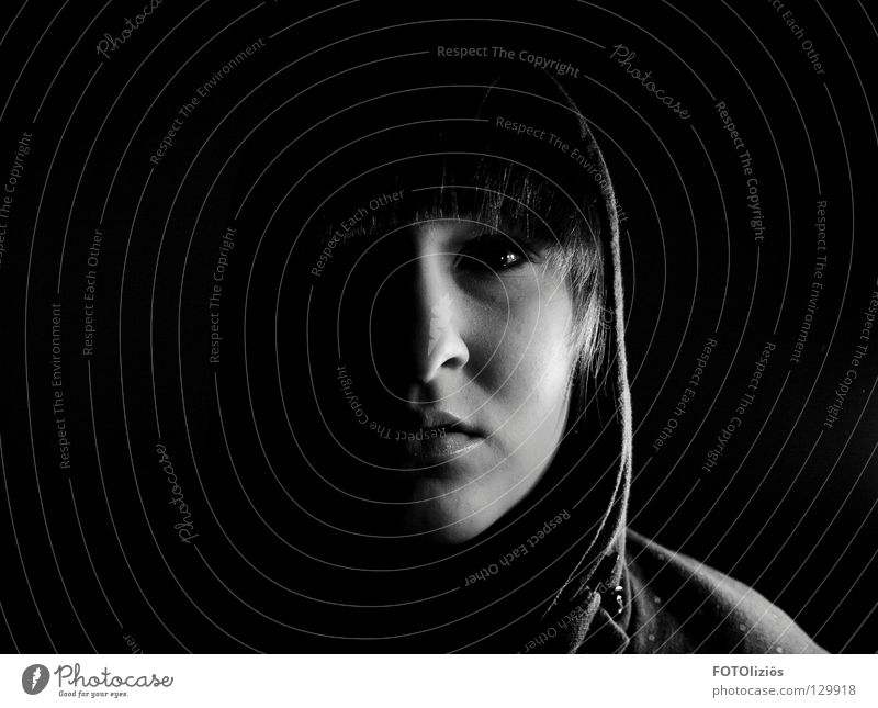 scarface? Woman Packaged Dark Loneliness Hooded (clothing) Silhouette Night Shadow child Black & white photo Face Nose Mouth Eyes Ear Bangs Profile shady world