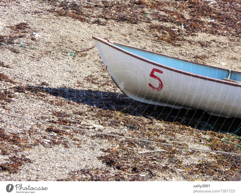5 has a break... Beach Navigation Boating trip Rowboat Lie Old Simple Small Maritime Dry Blue White Adventure Loneliness Discover Relaxation Calm Stagnating