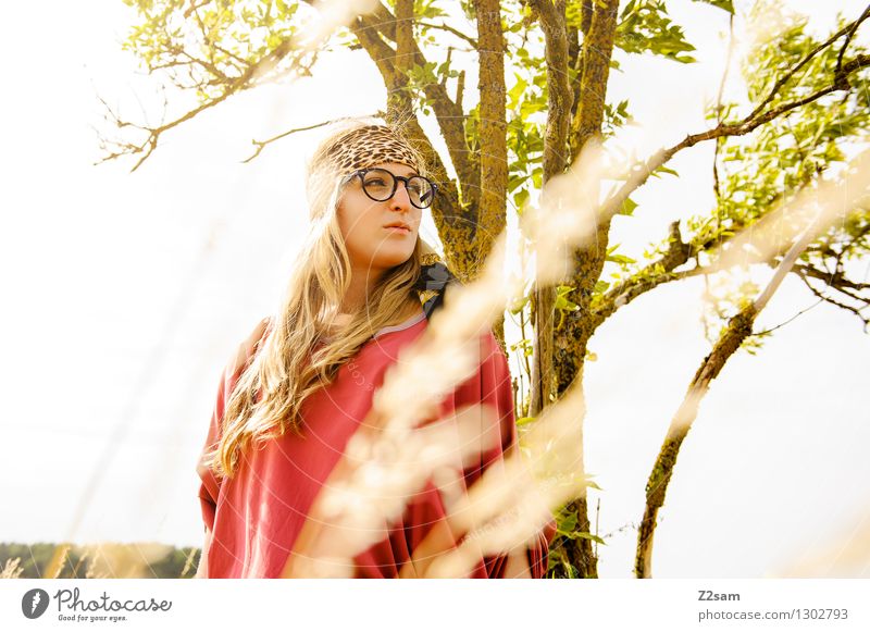 in search of shadows Feminine Young woman Youth (Young adults) 1 Human being 18 - 30 years Adults Nature Summer Beautiful weather Tree Fashion Eyeglasses