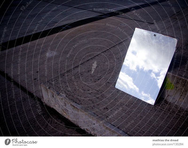 POSITIVE THINKING Wall (building) Facade Cold Asphalt Dark Corner Grief Loneliness Gloomy Mirror Clouds Hope Beautiful Physics Reaction Distorted Stripe Tar