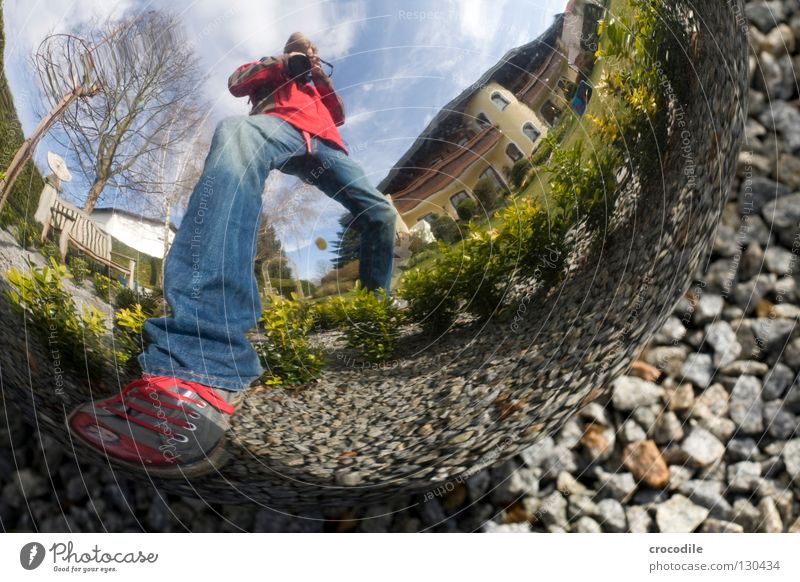 long foot Chucks Footwear Jacket Man Photographer Reflection Gravel House (Residential Structure) Tree Home country Colossus Fisheye Clouds Decoration