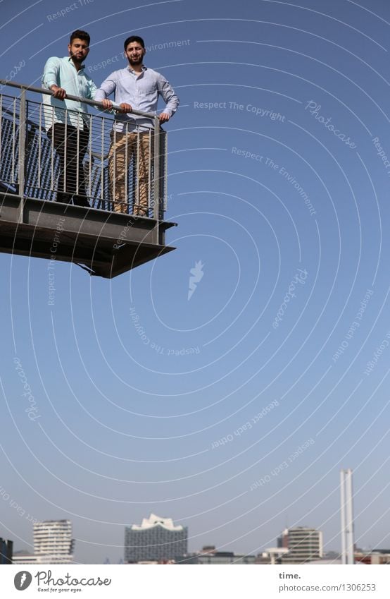 two young men on a viewing platform above Hamburg skyline Masculine 2 Human being Sky Beautiful weather Port City Skyline Tower Manmade structures Building