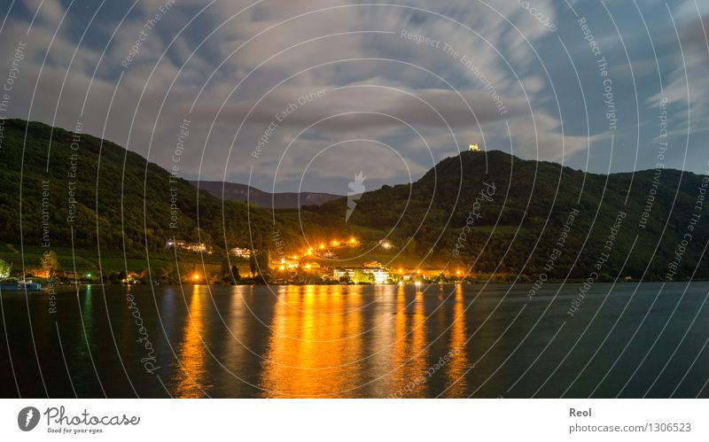 summer night Nature Landscape Elements Water Sky Night sky Moon Summer Forest Hill Alps Lake Kalterer lake South Tyrol Village Small Town Populated Dark Light