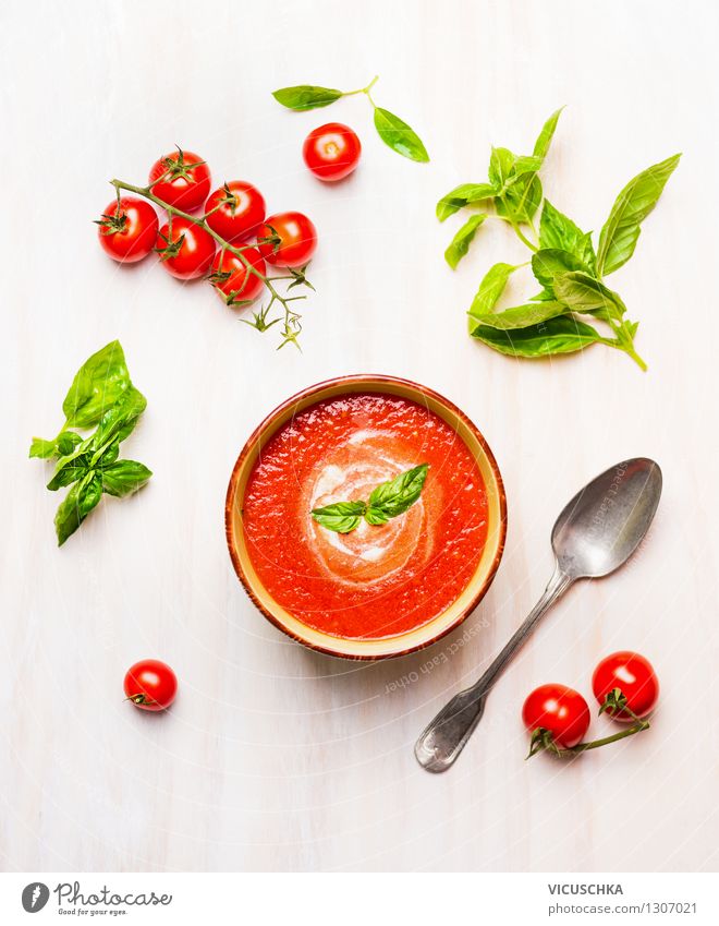 Fresh tomato soup with ingredients Food Vegetable Herbs and spices Nutrition Lunch Dinner Banquet Organic produce Vegetarian diet Diet Italian Food Bowl Spoon