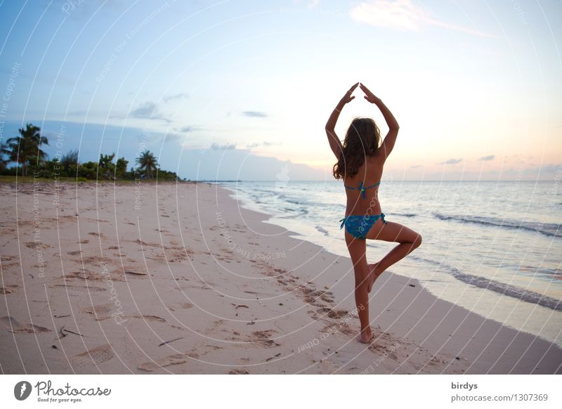 yoga Elegant Exotic Body Healthy Harmonious Senses Calm Meditation Summer Yoga Girl 1 Human being 8 - 13 years Child Infancy Sand Sky Sunrise Sunset Palm beach