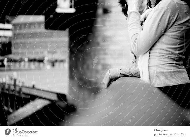 talk Promenade Stand To talk Gesture Woman Black & white photo Duesseldorf Rhine Handrail Human being Focal point