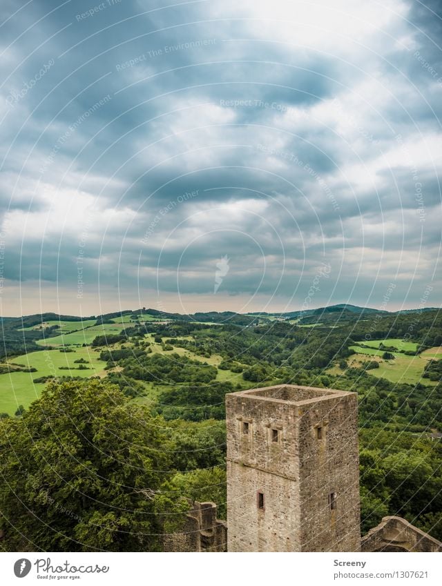 Over the Eifel... Nature Landscape Plant Sky Clouds Summer Weather Bad weather Tree Meadow Field Forest Castle Ruin Tall Far-off places Tower Wall (barrier)