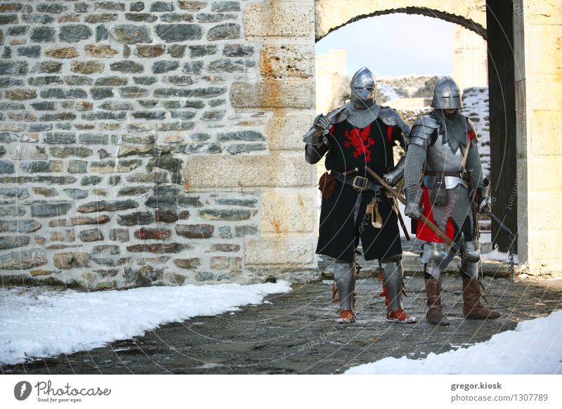 Two Knights Winter Snow Carnival Fairs & Carnivals Human being Man Adults Couple 2 18 - 30 years Youth (Young adults) Warrior Ice Frost Old town Castle Ruin