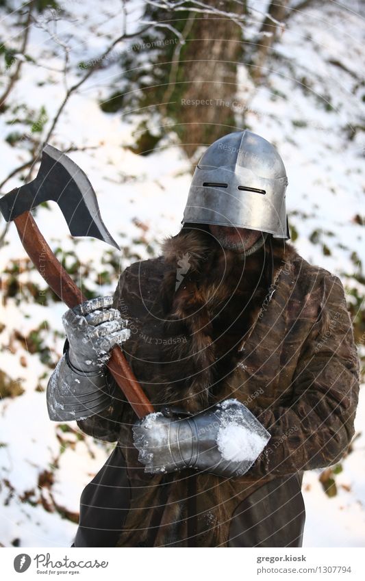 Medieval warrior Feasts & Celebrations Carnival Fairs & Carnivals Man Adults 1 Human being 30 - 45 years Warrior Winter Ice Frost Snow Tree Forest Mountain
