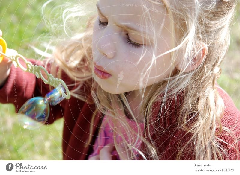soap bubbles Soap bubble Dream Longing Girl Dreamily Beautiful Enchanting Snapshot Playing Watchfulness Child Blonde Long-haired Leisure and hobbies