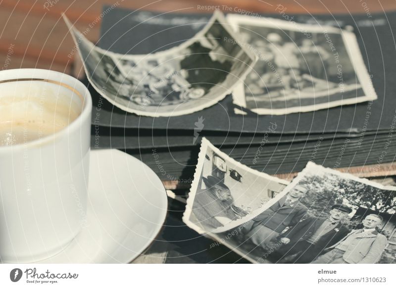 old paper pictures, old photo album and a small cup on a table Espresso Cup Photo album Photography Novel Novella Old Historic Uniqueness Original Emotions
