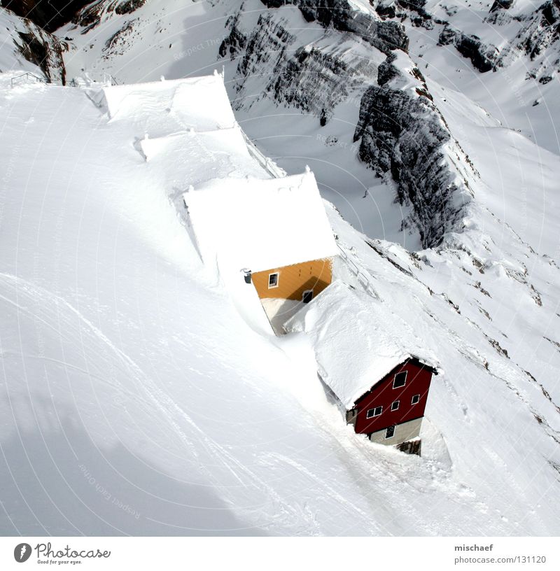 When's summer coming? Mount Säntis Switzerland White House (Residential Structure) Red Yellow Roof Snow Wooden hut Alpine hut Wooden house Cliff Slope Peak Calm