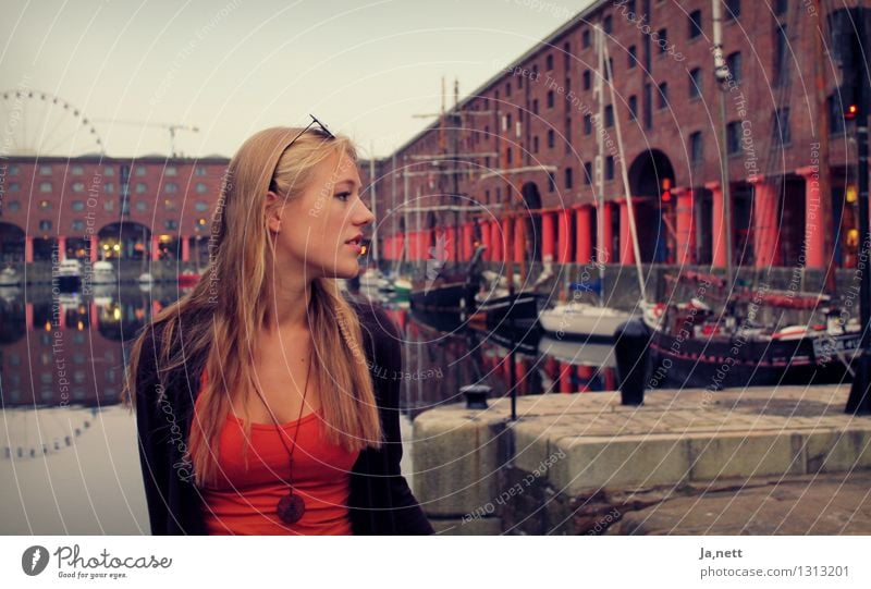 Liverpool Human being Feminine Young woman Youth (Young adults) 1 18 - 30 years Adults Town Port City Industrial plant Harbour Blonde Long-haired Brick Water