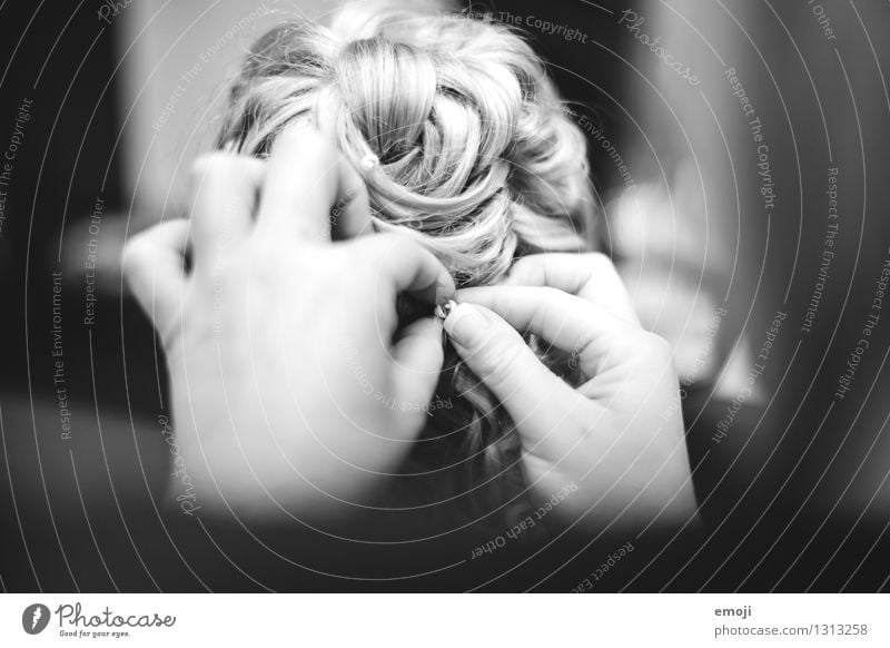 wedding Hair and hairstyles Blonde Curl Pinned up hairstyle Pin up Hairdresser Beautiful Black & white photo Interior shot Close-up Detail Day