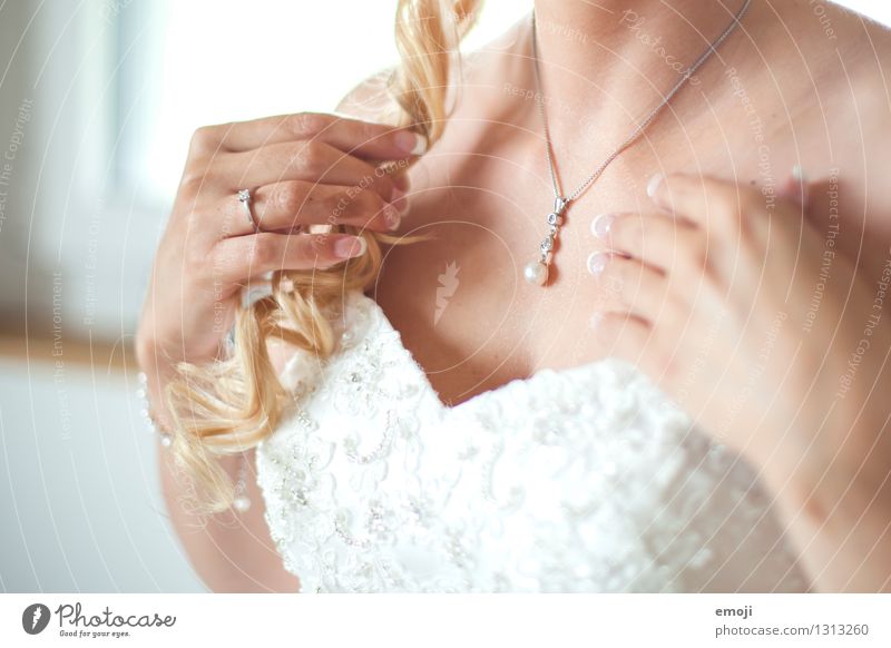 ornament Dress Accessory Jewellery Necklace Wedding dress Blonde Curl Beautiful White Precious Expensive Colour photo Interior shot Close-up Detail Day