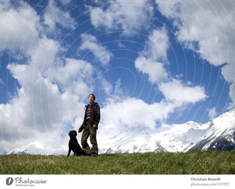 Man with dog... Friendship Field Hill Grass Dog Labrador Meadow Clouds Spring day To go for a walk Green Black White Animal Leisure and hobbies dog owners