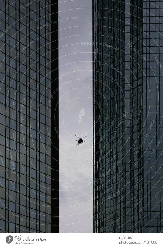 Can I get through? Helicopter High-rise Frankfurt Gray Narrow Reflection Aviation Sky Between Glass