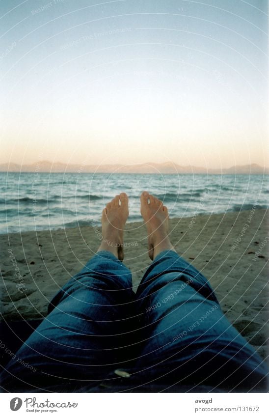 Beautiful view Majorca Summer Ocean Horizon Sunset Beach Toes Pants Waves Skin color Barefoot Water Sand Feet Jeans Sky Legs