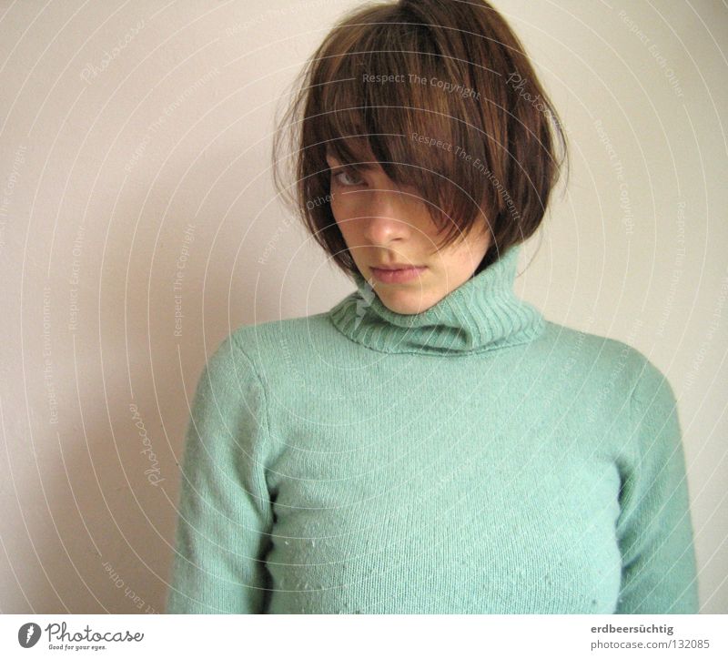 You don't understand me. Hair and hairstyles Woman Adults Mouth Sweater Bangs Sadness Cold White Grief Feeble Roll-necked sweater Wall (building) Mint green