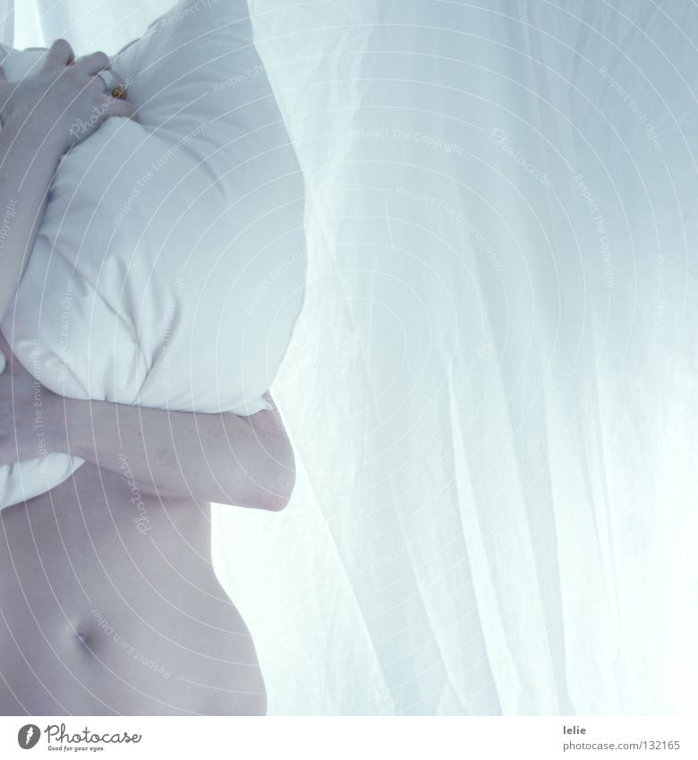 I thought you were staying. Cushion White Naked Navel Embrace Ring Woman Delicate Fragile Hand To hold on Linen cloth Light Fine Fear Interior shot Headless