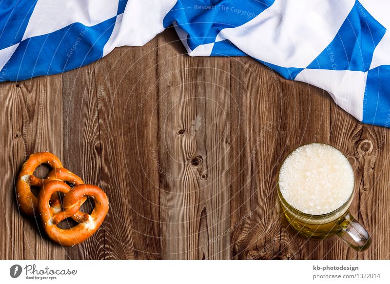 Bavarian flag on wooden board as a background Nutrition Beverage Glass Feasts & Celebrations Oktoberfest Flag Eating Vacation & Travel beer drinking invitation
