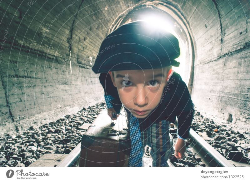 Child walking on railway road with vintage siutcase Beautiful Vacation & Travel Trip Human being Boy (child) Woman Adults Transport Street Lanes & trails