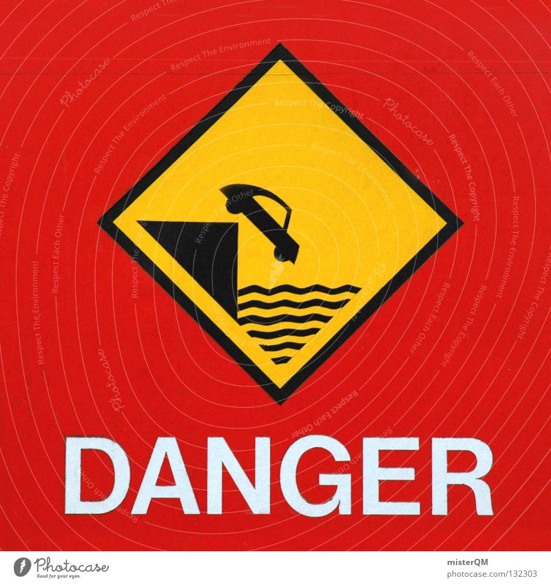 You never know. Dangerous Signage Urban traffic regulations Red Yellow Black Ocean Slope Deep Risk Cliff Emergency Insecure Calamitous English Situation Park