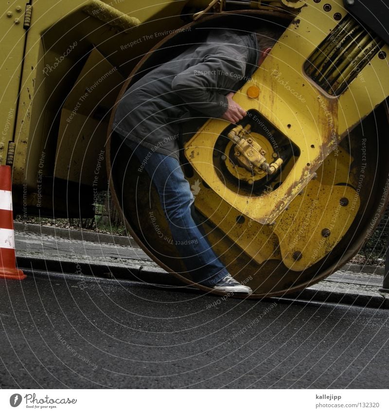 hat player on work Roll Construction site Tar Machinery Accident Scaredy-cat Hat Baseball cap Cap Barrier Man Human being Lifestyle Sleep Jacket Wall (barrier)
