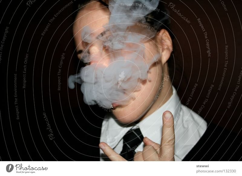 school's out II Smoking Smoke Woman Cool (slang) Dark background Cigarette smoke Inhale Gesture Copy Space left Rebellious Recklessness Provocative Challenging