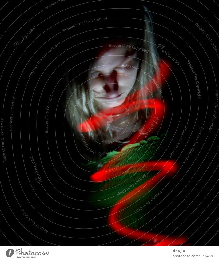 come into the light... addendum Red Light Green Dress Stripe Dark Visual spectacle Experimental Long exposure Woman Whirlpool Spiral Witching hour Traffic light