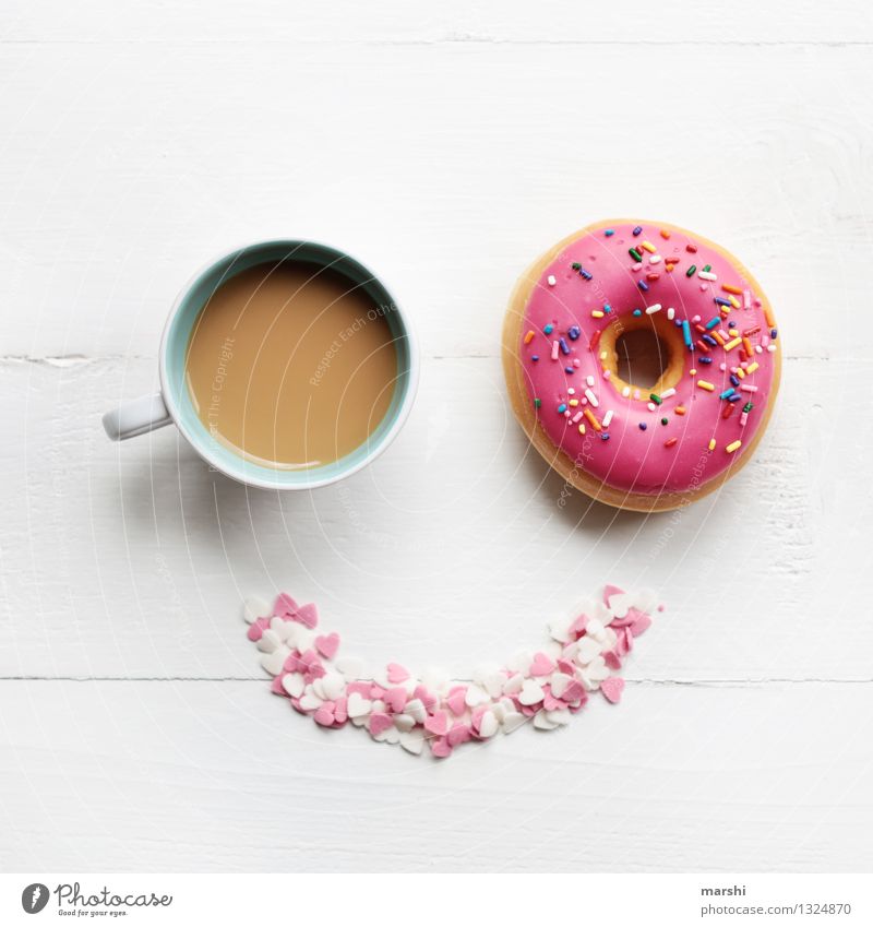 SMILE - it´s time for a coffee and donut Food Dessert Candy Nutrition Eating Beverage Drinking Cold drink Coffee Latte macchiato Espresso Cup Emotions Moody