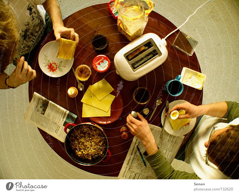 Good morning! Good morning! Breakfast Toaster Cheese Wide angle Nutrition Table Round Above Together Newspaper Coffee Kitchen flat share Eating
