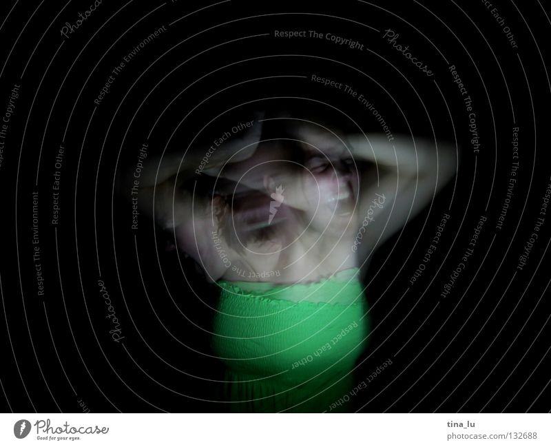 cry Red Light Green Dress Stripe Dark Visual spectacle Experimental Long exposure Woman Whirlpool Spiral Witching hour Scream Anger Aggression Movement