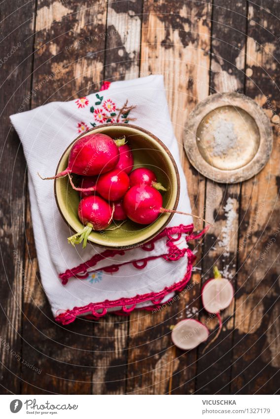 Fresh radish bunch on a rustic wooden table Food Vegetable Nutrition Lunch Organic produce Vegetarian diet Diet Crockery Plate Bowl Lifestyle Style Design