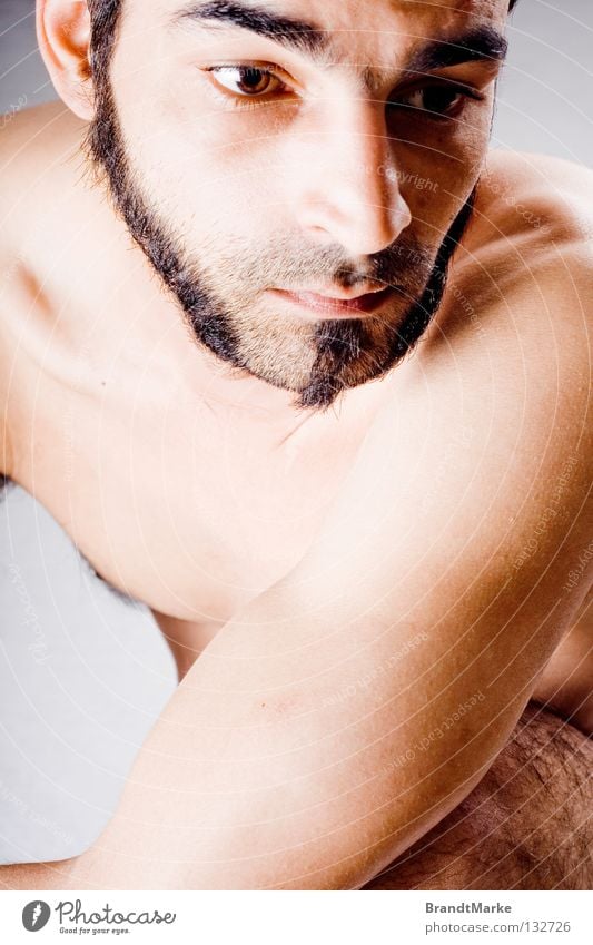 underneath Man Portrait photograph Facial hair Shoulder Naked Unshaven Dream Dreamily Think Crouch Nude photography Peace Looking Eyes Arm Hair and hairstyles