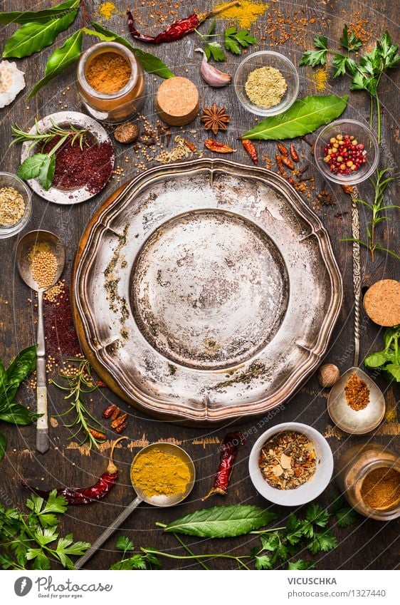 Oriental spices around the empty plate Food Herbs and spices Nutrition Organic produce Vegetarian diet Diet Slow food Plate Spoon Lifestyle Style Design