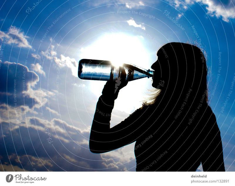refreshment Drinking Refreshment Back-light Silhouette Summer katha Water Thirst Bottle Sky Blue Contrast