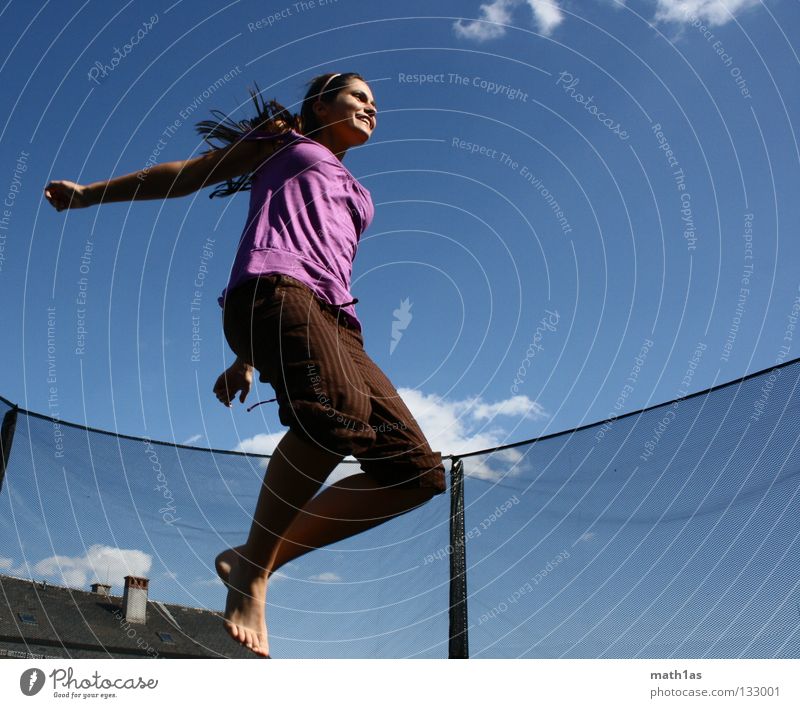 Simply flying Portrait photograph Jump Brown Woman Brunette Violet Trampoline Funsport Hair and hairstyles Wind Sky Blue Flying hitchhike