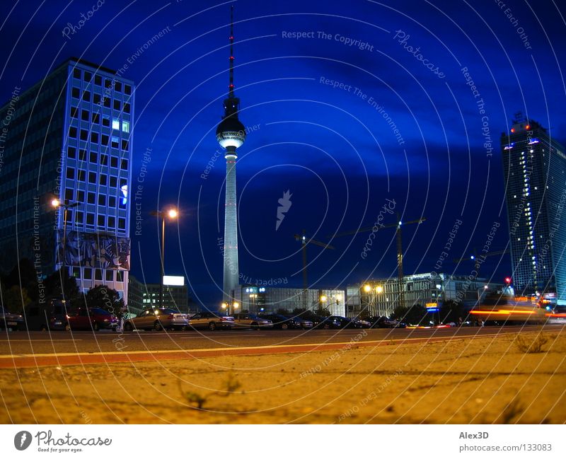 Alex is blue Alexanderplatz Night High-rise Construction site Landmark Monument Blue television alex Berlin Sky Geweg plates