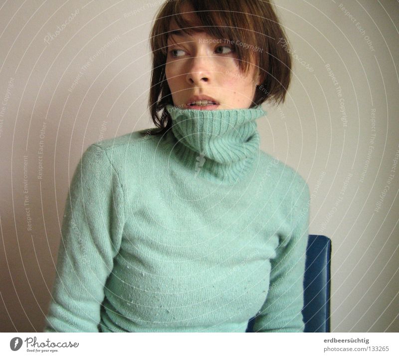 retrospect Chair Woman Adults Eyes Sweater Blue Hope Longing Fear Past Transience Roll-necked sweater Wall (building) Empty Backward Hesitate Alcohol-fueled