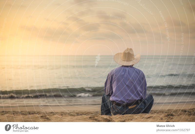 Lonesome at the Beach Masculine Man Adults Grandfather 1 Human being 45 - 60 years Sand Water Summer Waves Coast Shirt Jeans Hat Cowboy hat Sit Dream Sadness