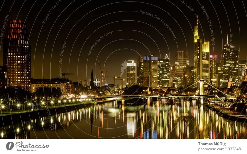 Frankfurt by night Town Downtown Skyline High-rise Business Growth Banking district raft bridge Main Sachsenhausen city on the river city view at night