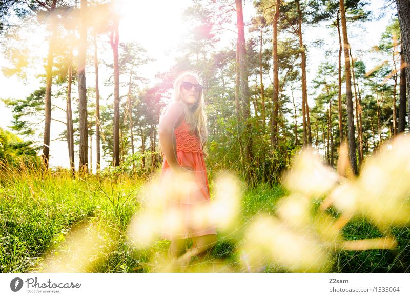There's something in the bush. Human being Young woman Youth (Young adults) 1 18 - 30 years Adults Nature Summer Beautiful weather Forest Fashion Dress