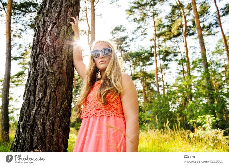 My friend the tree Elegant Feminine Young woman Youth (Young adults) 1 Human being 18 - 30 years Adults Nature Sun Summer Beautiful weather Forest Fashion Dress