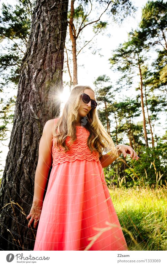 Diva and the tree Elegant Feminine Young woman Youth (Young adults) 1 Human being 18 - 30 years Adults Nature Summer Beautiful weather Tree Fashion Dress